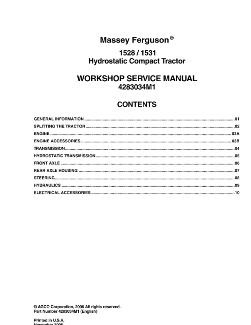 Massey Ferguson 1528, 1531 Service Workshop Manual