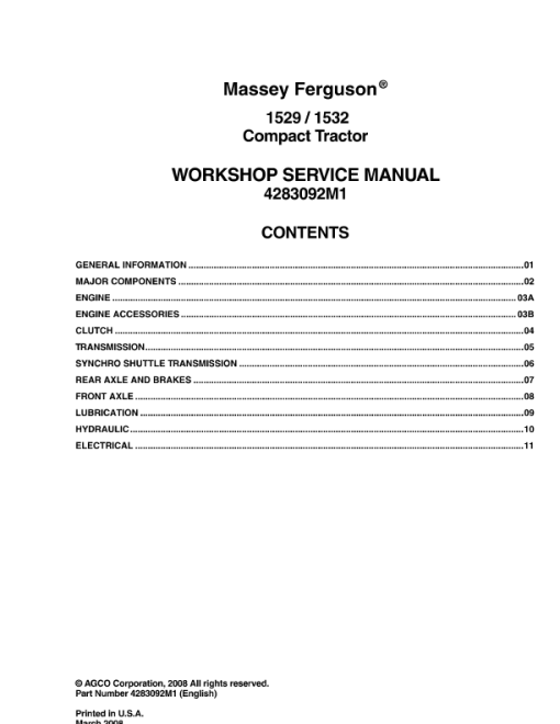 Massey Ferguson 1529, 1532 Workshop Service Manual