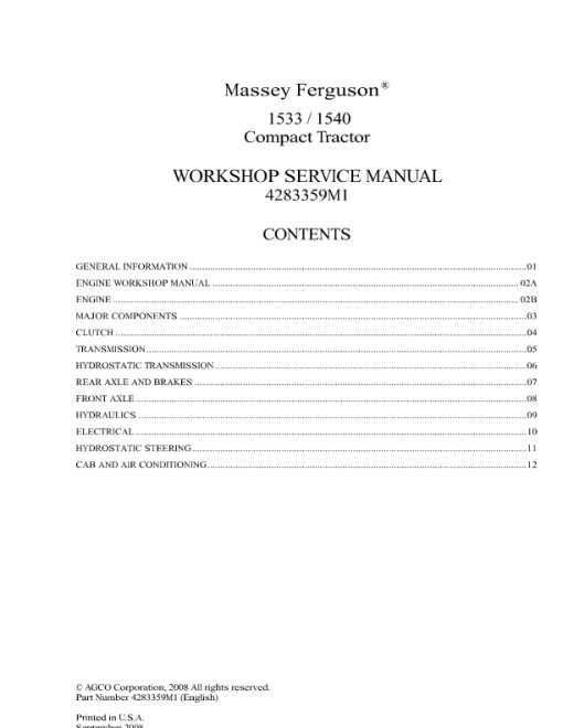 Massey Ferguson 1533, 1540 Workshop Service Manual