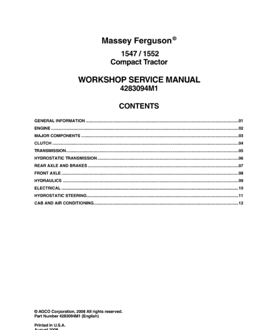 Massey Ferguson 1547, 1552 Tractors Workshop Service Manual