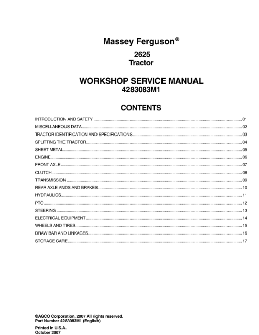 Massey Ferguson 2625 Workshop Service Manual