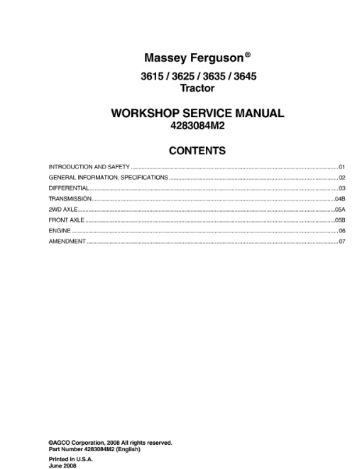 Massey Ferguson 3615, 3625, 3635, 3645 Workshop Service Manual