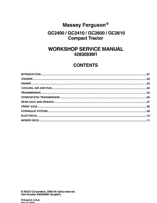 Massey Ferguson GC2400, GC2410, GC2600, GC2610 Workshop Service Manual