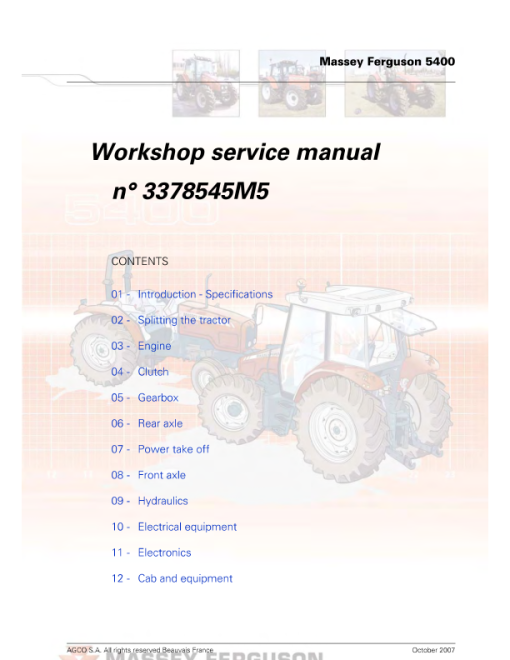 Massey Ferguson 5425, 5435, 5445, 5455, 5460, 5465, 5470, 5475, 5480 Workshop Manual