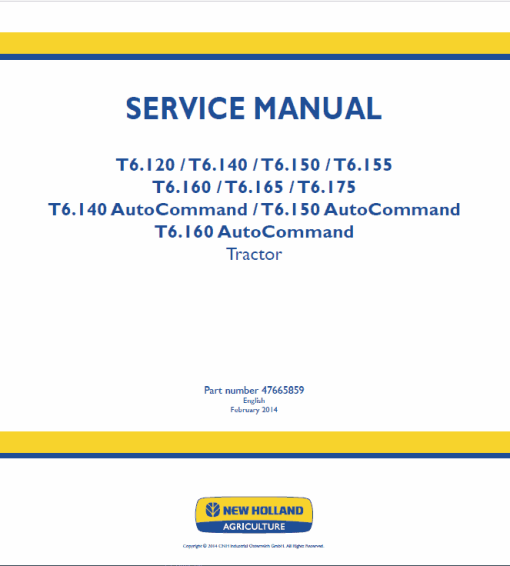 New Holland T6.160, T6.165, T6.175, T6.180 Tractor Service Manual