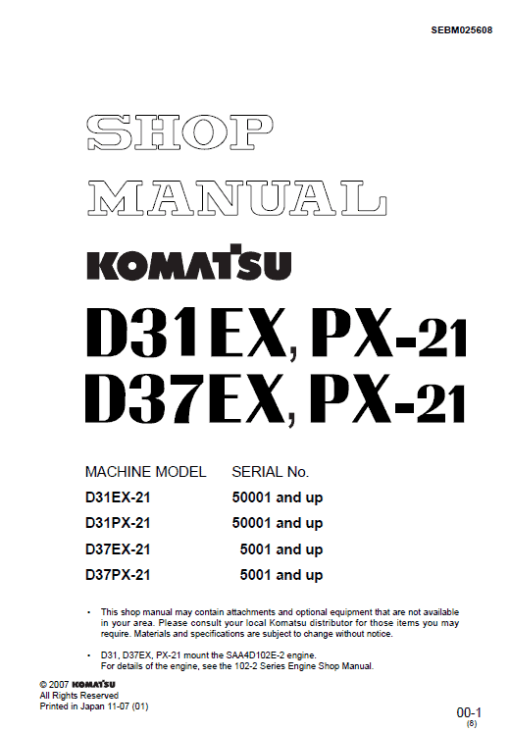 Komatsu D31EX-21, D31PX-21, D37EX-21, D37PX-21 Dozer Manual