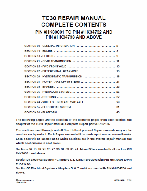 New Holland TC30 Tractor Service Manual