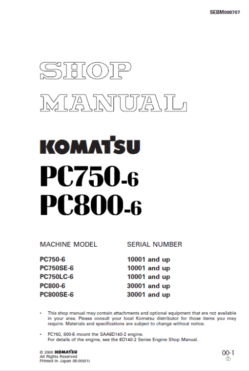 Komatsu PC750-6, PC750LC-6, PC800-6 Excavator Service Manual