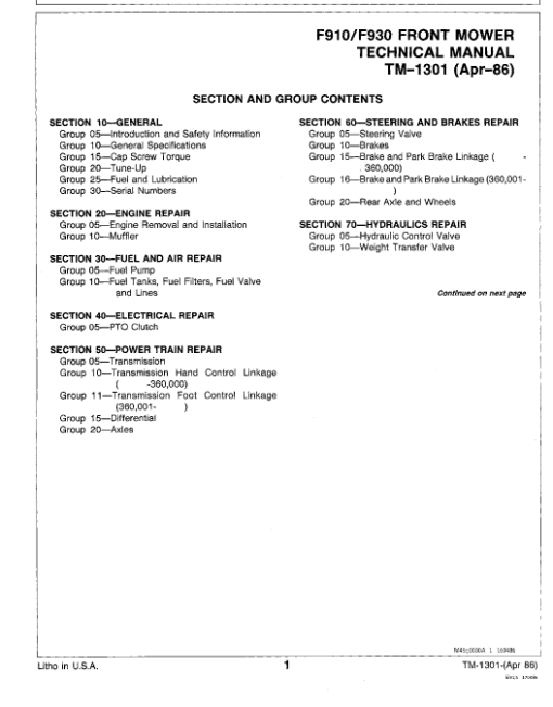 John Deere F910, F930 Front Mower Repair Technical Manual (TM1301) - Image 2