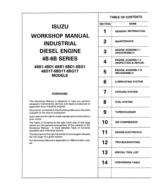 Isuzu 4BB1, 4BD1, 4BD1T Engine Workshop Service Manual