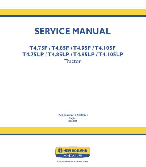 New Holland T4.75LP, T4.85LP, T4.95LP, T4.105LP Tractor Service Manual