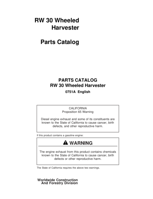 John Deere RW30 Wheeled Harvesters Parts Catalog Manual