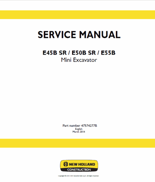 New Holland E45B SR, E50B SR, E55B Mini Excavator Service Manual