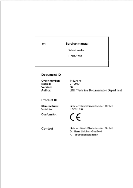 Liebherr L507 Type 1259 Wheel Loader Service Manual