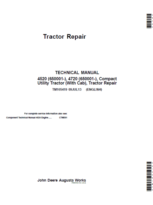 John Deere 4520, 4720 Compact Utility Tractors Technical Manual (With Cab - S.N 650001-)