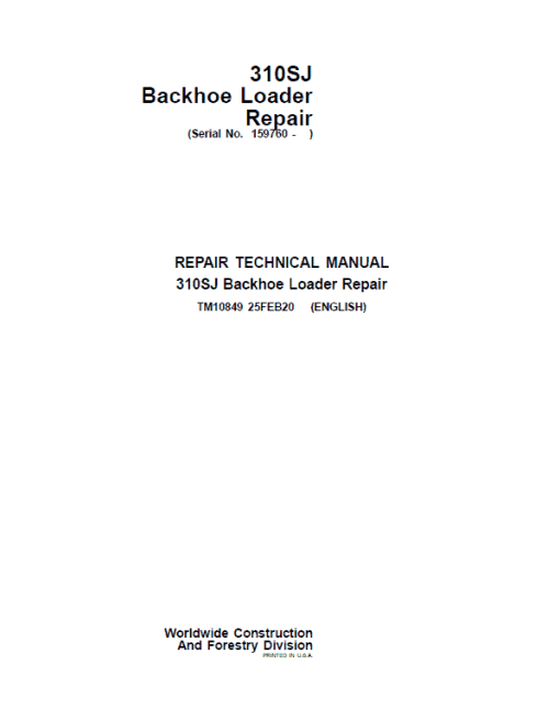 John Deere 310SJ Backhoe Loader Repair Technical Manual (S.N after 159760 - )