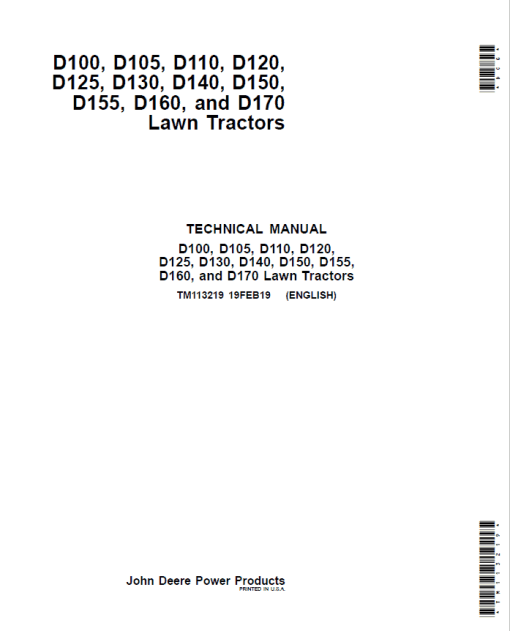 John Deere D100, D105, D110, D120, D125, D130, D140, D150, D155, D160, D170 Lawn Tractor Repair Manual