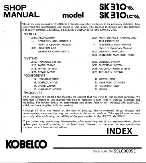 Kobelco SK310 and SK310LC Excavator Service Manual