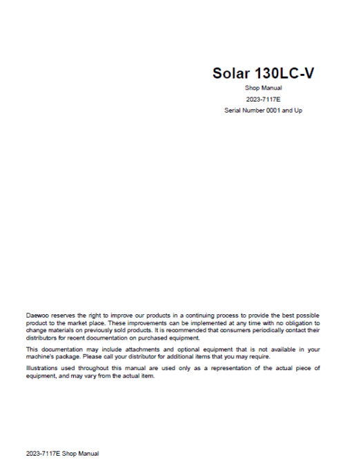 Daewoo Solar S130LC-V Excavator Service Manual