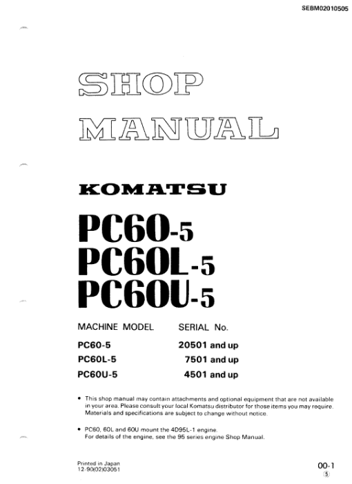 Komatsu PC60-5, PC60L-5, PC60U-5 Excavator Service Manual