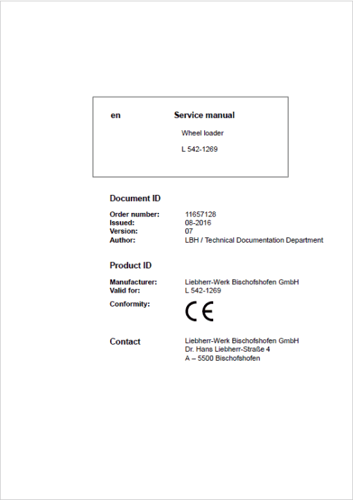 Liebherr L542 Type 1269 Wheel Loader Service Manual