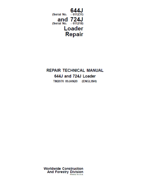 John Deere 644J, 724J 4WD Loader Repair Technical Manual (S.N before - 611231)