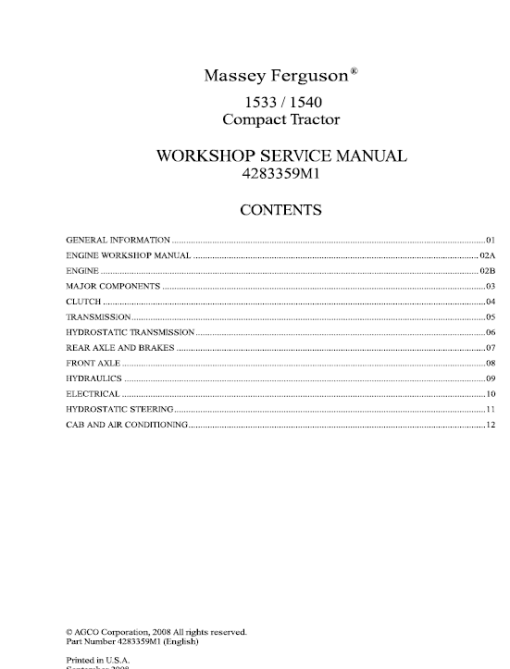 Massey Ferguson 1533, 1540, 1547, 1552, 1560 Tractors Service Workshop Manual