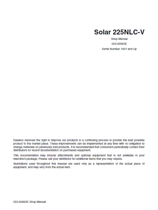 Daewoo Solar S225NLC-V Excavator Service Manual