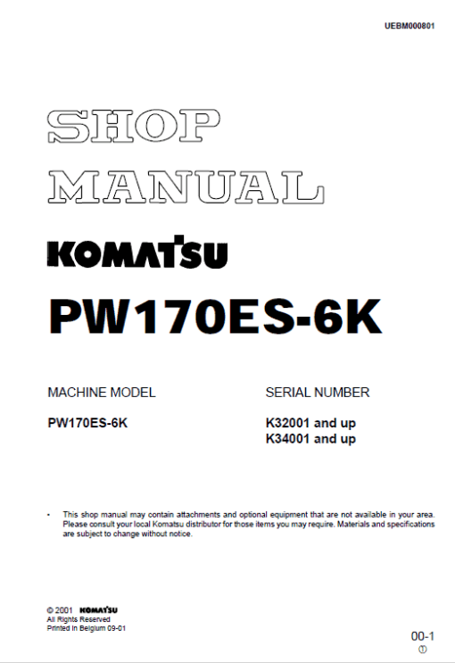 Komatsu PW170ES-6K Excavator Service Manual