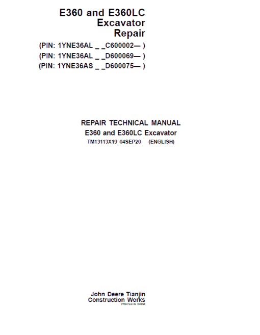 John Deere E360, E360LC Excavator Repair Technical Manual (S.N after C600002 & D600069- )