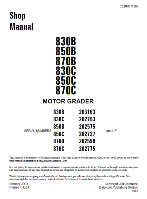 Komatsu 830B, 850B, 870B Motor Grader Service Manual