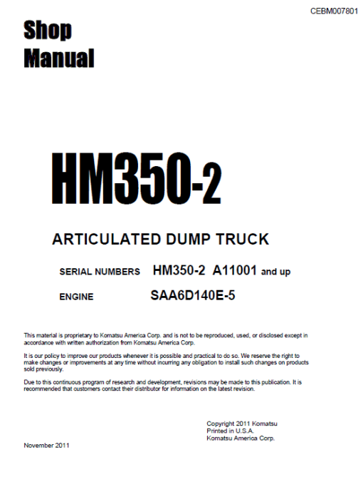 Komatsu HM350-2 Dump Truck Service Manual