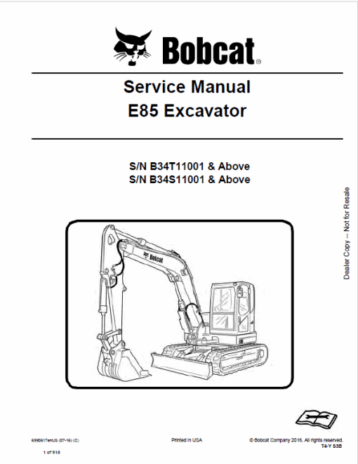 Bobcat E85 Excavator Repair Service Manual