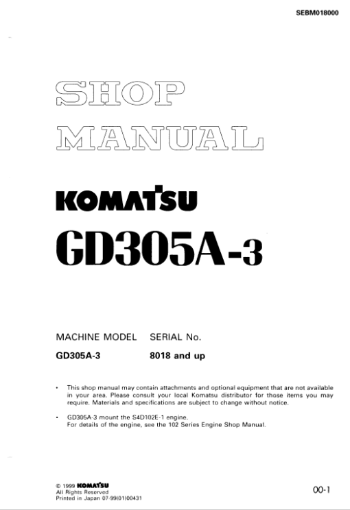 Komatsu GD305A-3 Motor Grader Service Manual