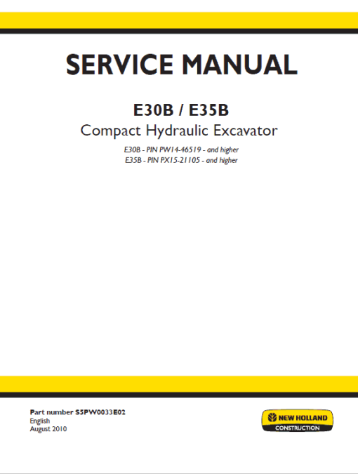 New Holland E30B and E35B Compact Excavator Service Manual