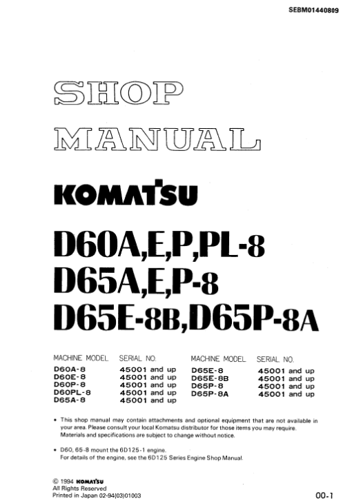 Komatsu D60A-8, D60E-8, D60P-8, D60PL-8 Dozer Service Manual