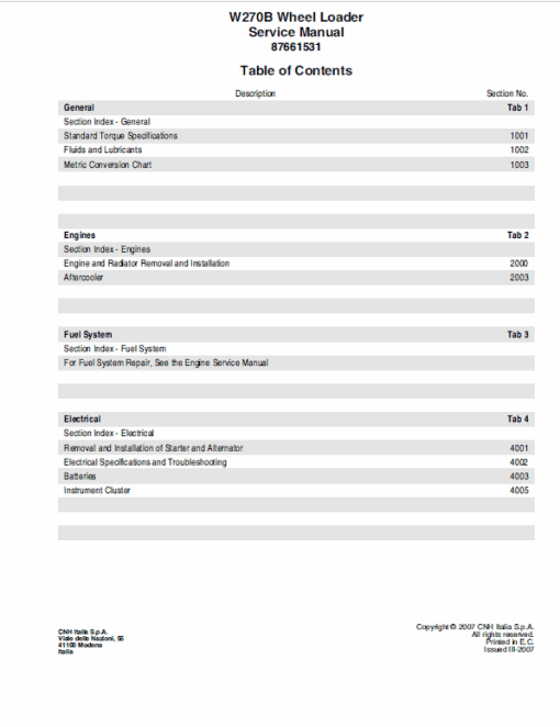 New Holland W270B Wheel Loader Service Manual