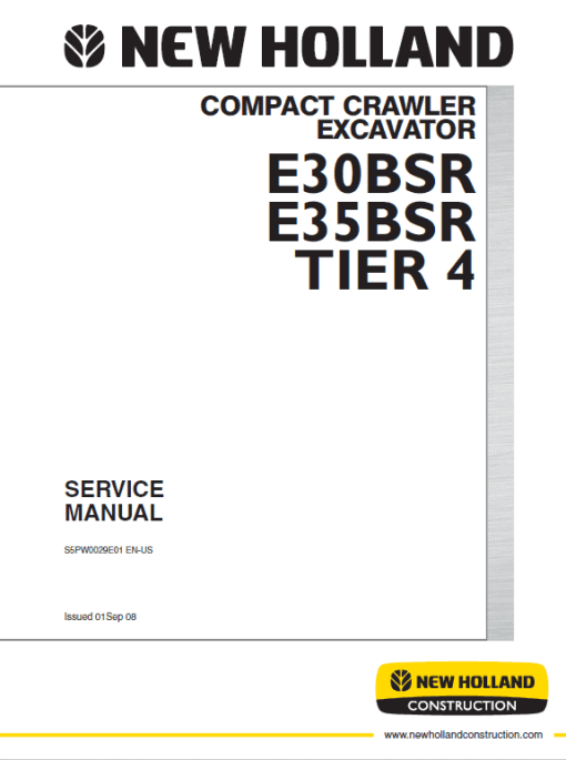 New Holland E30BSR and E35BSR Tier 4 Compact Excavator Service Manual