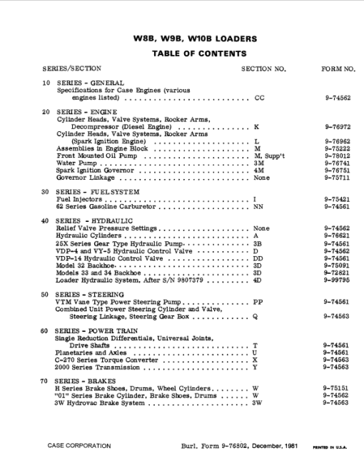 Case W8B, W9B, W10B Loaders Service Manual