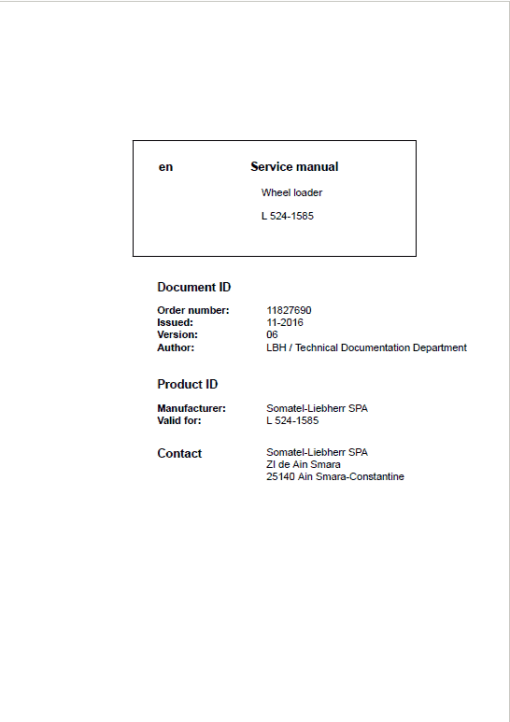 Liebherr L524 Type 1585 Wheel Loader Service Manual