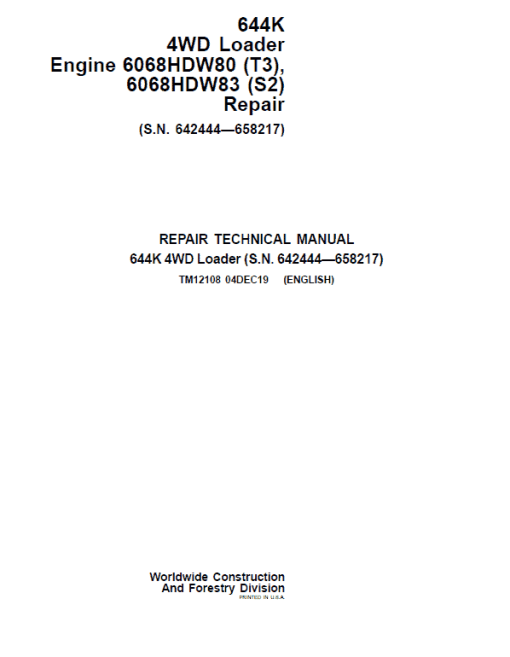 John Deere 644K 4WD Engine S2 & T3 Loader Technical Manual (S.N. 642444 - 658217)