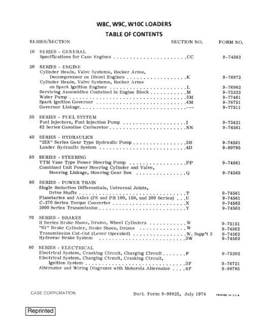 Case W8C, W9C, W10C Loaders Service Manual