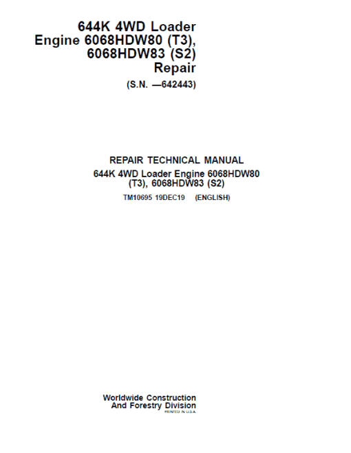 John Deere 644K 4WD Engine S2 & T3 Loader Technical Manual (S.N. before 642443)