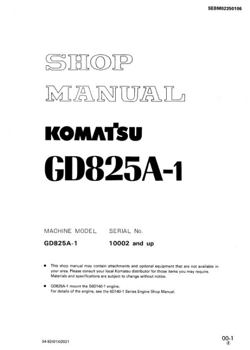 Komatsu GD825A-1 Motor Grader Service Manual