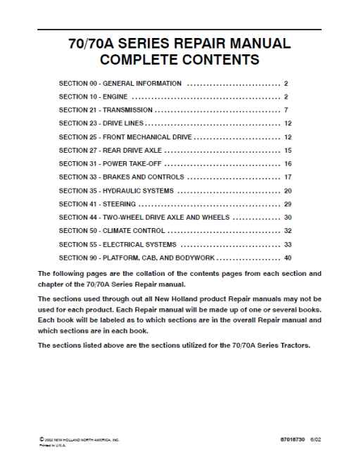 New Holland 70, 70A Tractor Service Manual