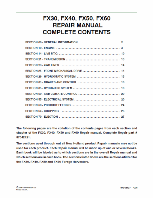 New Holland FX30, FX40, FX50, FX60 Forage Harvesters Service Manual