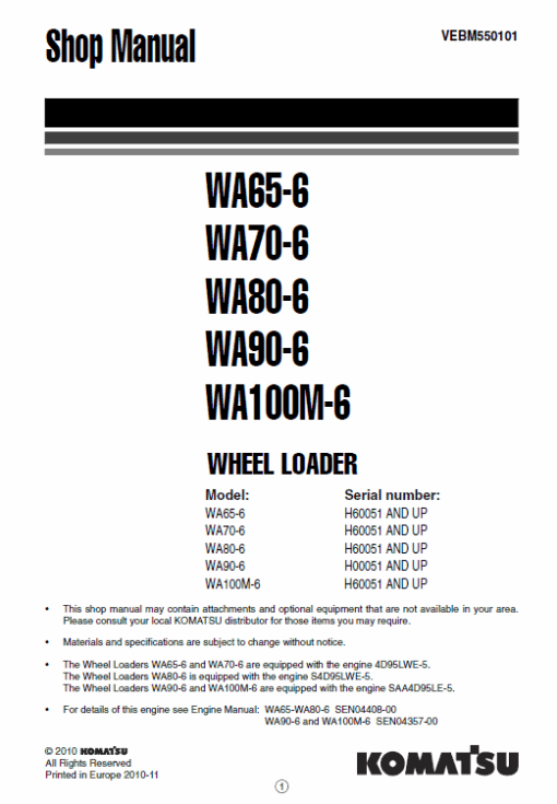 Komatsu WA65-6, WA70-6, WA80-6, WA90-6, WA100M-6 Loader Service Manual