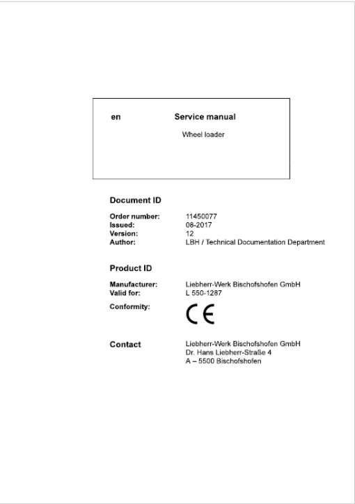 Liebherr L550 Type 1287 Wheel Loader Service Manual