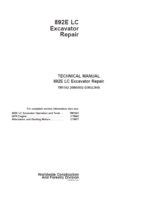 John Deere 892E LC Excavator Repair Technical Manual