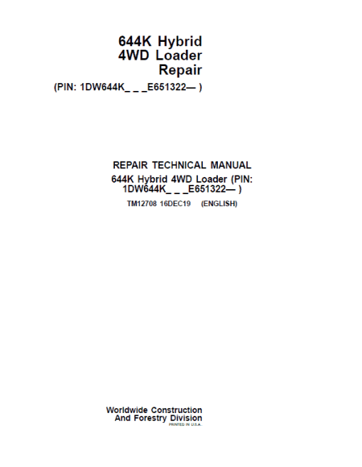 John Deere 644K Hybrid 4WD Loader Technical Manual (S.N after E651322 -)